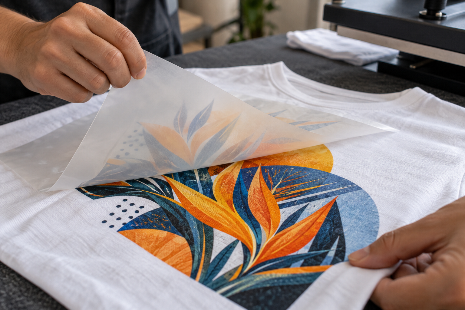 Imagem ilustrativa da retirada do filme de uma estampa colorida aplicada em uma camiseta branca