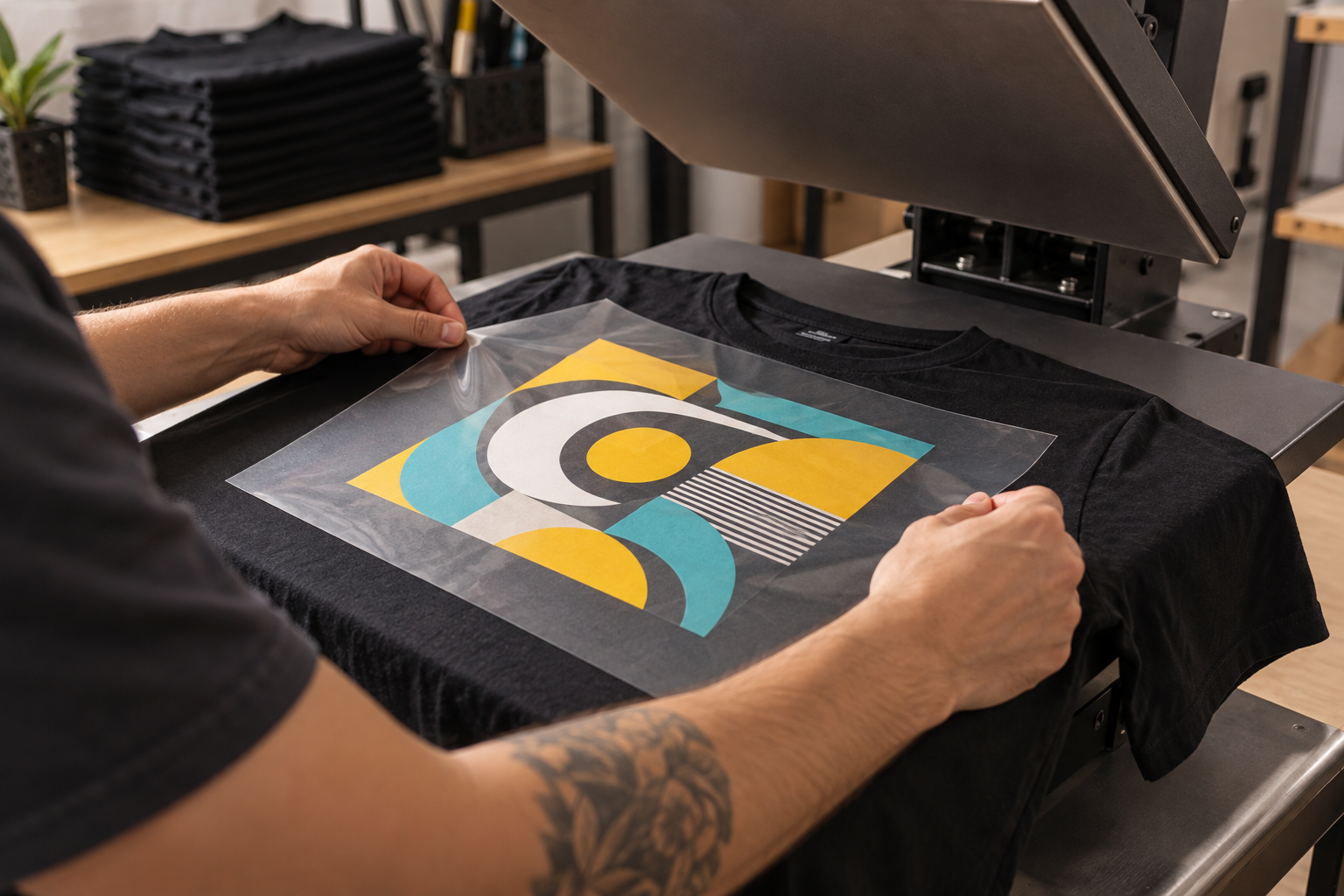 Imagem ilustrativa de um transfer DTF sendo posicionado sobre uma camiseta na prensa térmica