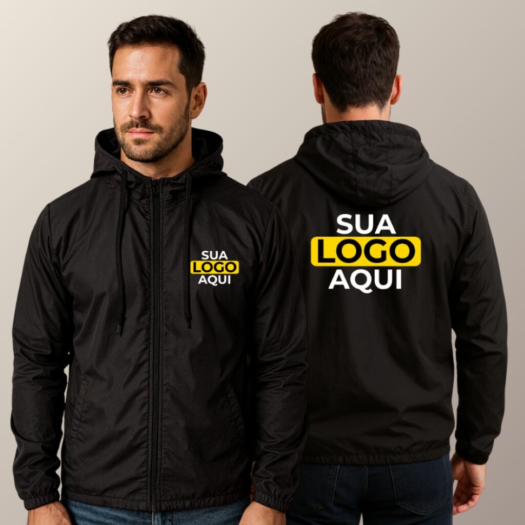 Jaqueta Corta Vento Personalizado Logo Empresa Marca Grupo Forrado Ultra Leve Masculino Unissex Preto